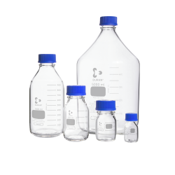 DURAN® Original GL 45 Laboratory Bottle, clear, with screw cap and pouring ring, PP, blue, 500 mL