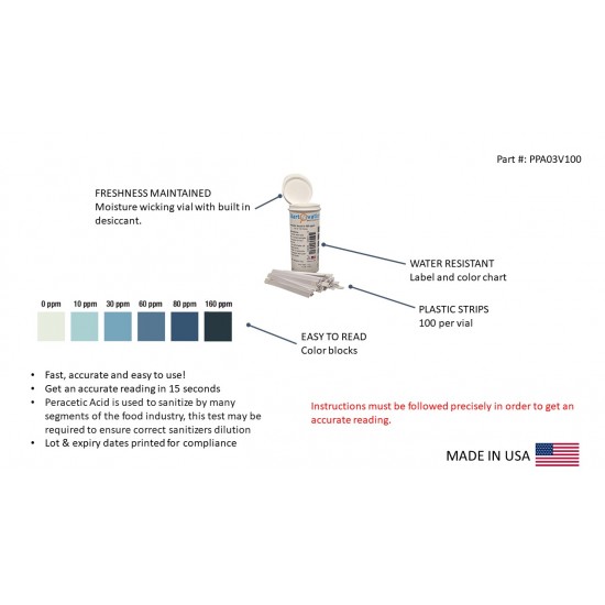 Peracetic Acid Test Strips, 0-160 ppm[Double Comparable Offers, Vial of 100 Strips]