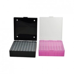 Plastic vial freezer box with hinged lid, 9 x 9, polypropylene, box natural color / lid magenta colo